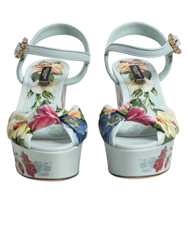 Grüne Blumen-Sandalen mit Knöchelriemen und Keilabsatz