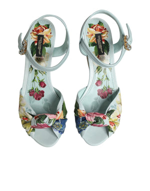 Grüne Blumen-Sandalen mit Knöchelriemen und Keilabsatz