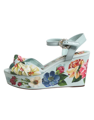 Grüne Blumen-Sandalen mit Knöchelriemen und Keilabsatz
