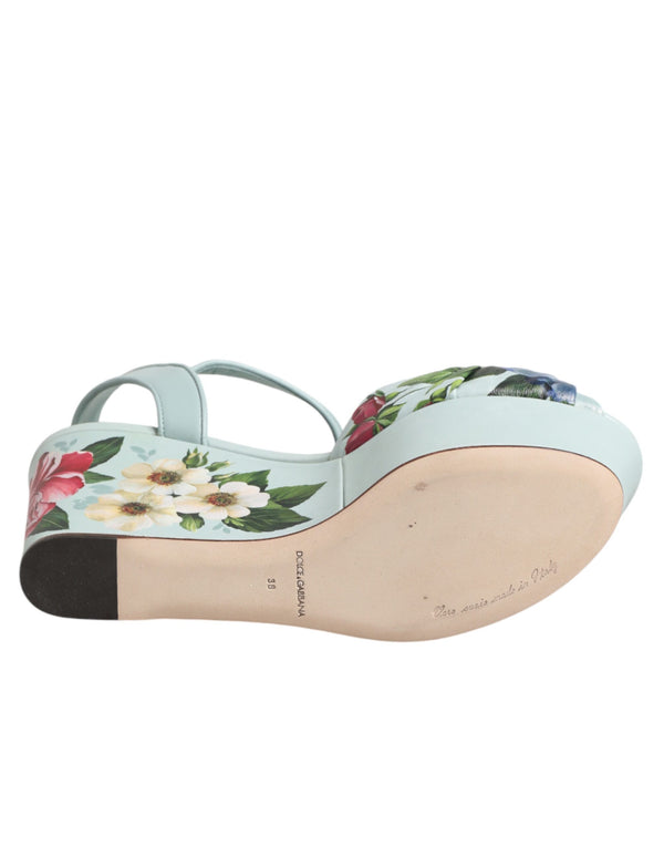 Grüne Blumen-Sandalen mit Knöchelriemen und Keilabsatz