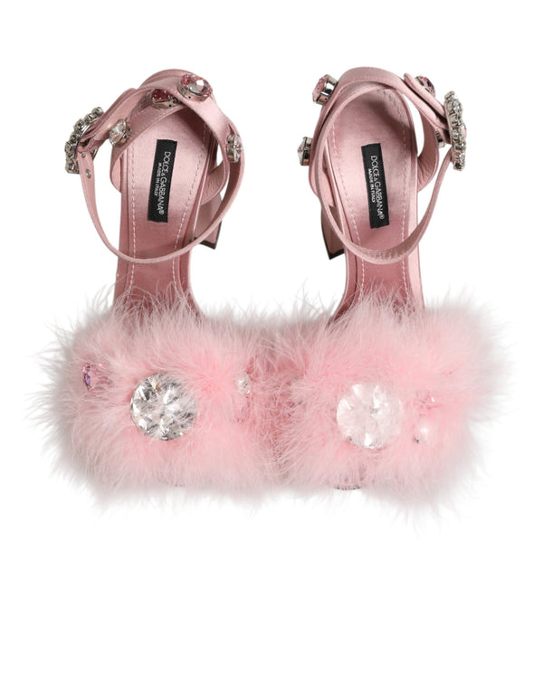 Sandalen mit Kristall- und Pelzbesatz in Rosa