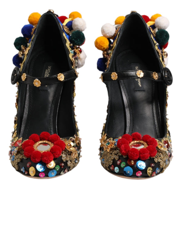 Schwarze Mary-Jane-Pumps mit Goldverzierungen