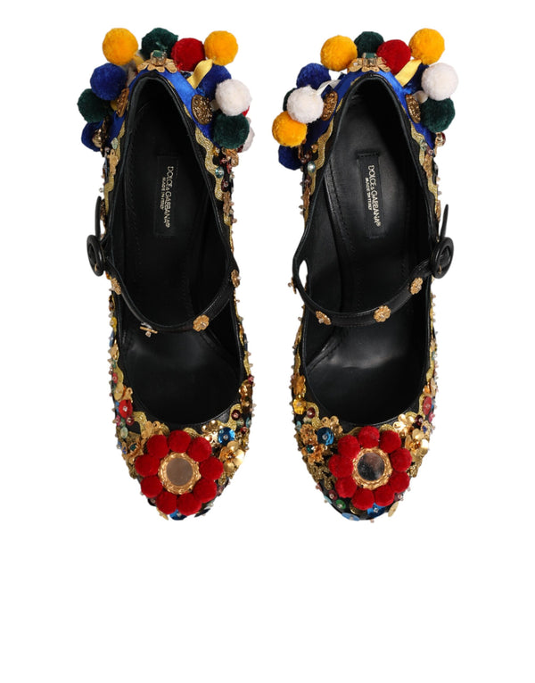 Schwarze Mary-Jane-Pumps mit Goldverzierungen