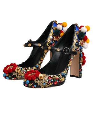 Schwarze Mary-Jane-Pumps mit Goldverzierungen