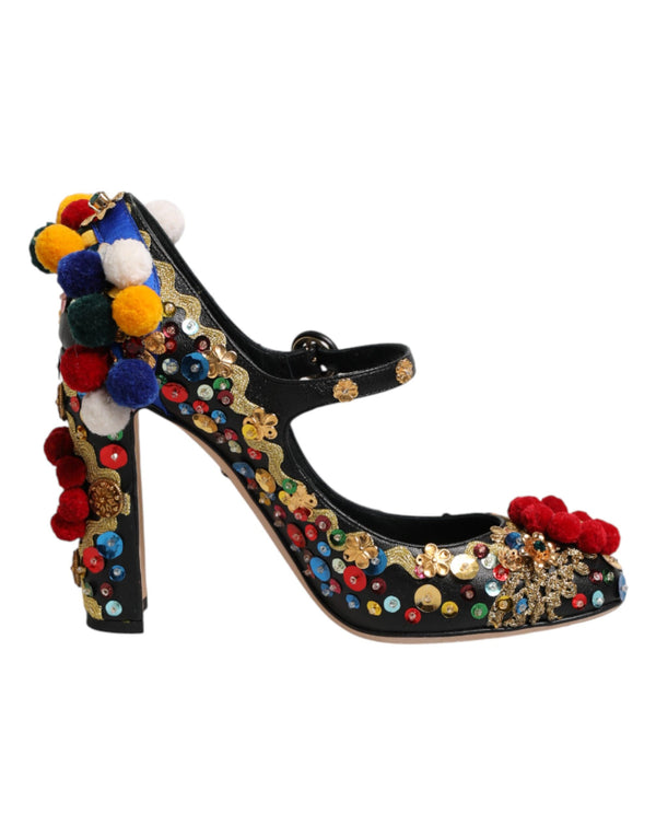 Schwarze Mary-Jane-Pumps mit Goldverzierungen