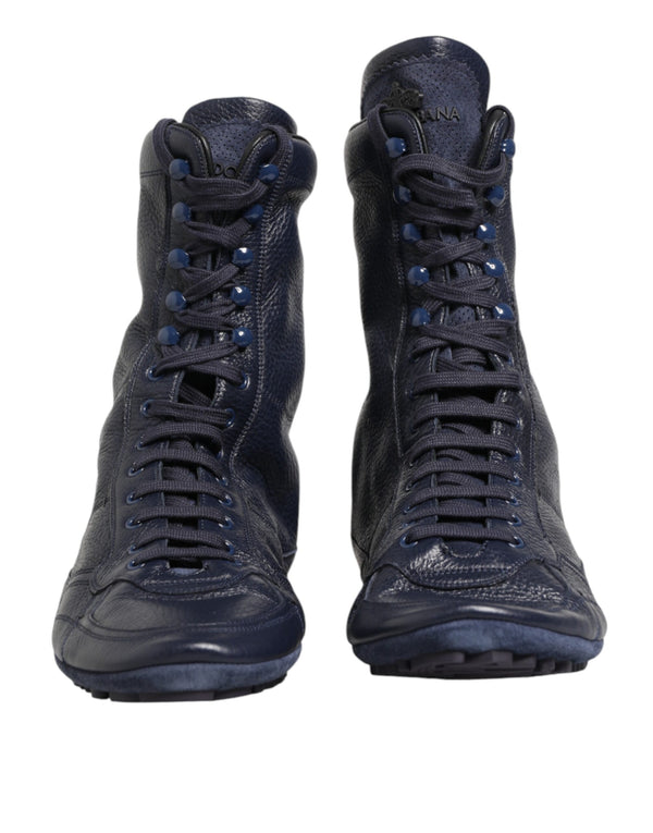 Dunkelblaue Hirschleder-Stiefel bis zur Mitte der Wade