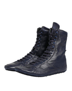 Dunkelblaue Hirschleder-Stiefel bis zur Mitte der Wade