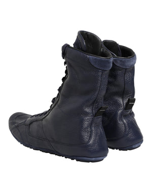 Dunkelblaue Hirschleder-Stiefel bis zur Mitte der Wade