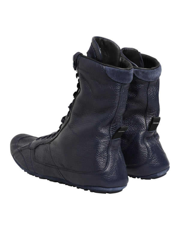 Dunkelblaue Hirschleder-Stiefel bis zur Mitte der Wade
