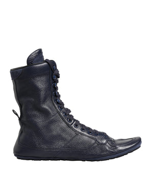 Dunkelblaue Hirschleder-Stiefel bis zur Mitte der Wade