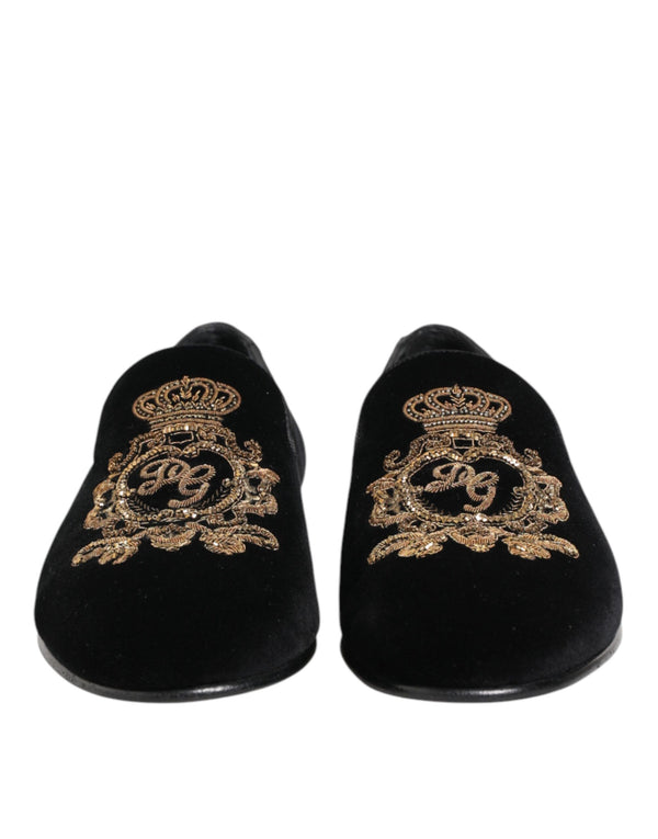 Schwarze Samt-Goldkrone Herren-Loafer