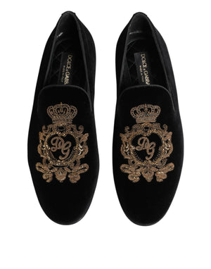 Schwarze Samt-Goldkrone Herren-Loafer