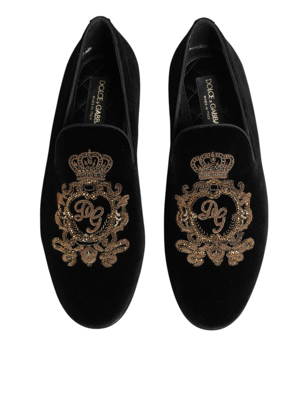 Schwarze Samt-Goldkrone Herren-Loafer