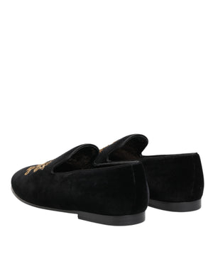 Schwarze Samt-Goldkrone Herren-Loafer