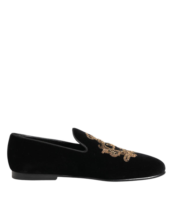 Schwarze Samt-Goldkrone Herren-Loafer