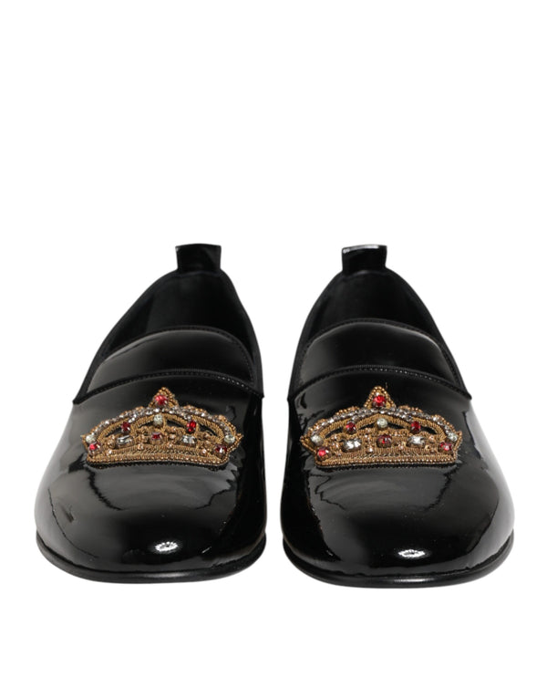 Schwarze Leder-Loafer mit goldener Krone für Herren