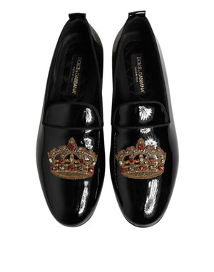 Schwarze Leder-Loafer mit goldener Krone für Herren