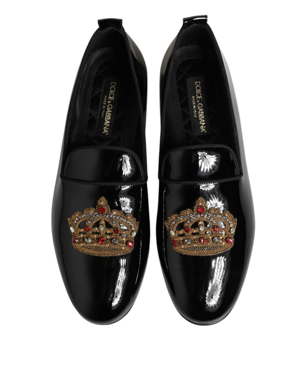 Schwarze Leder-Loafer mit goldener Krone für Herren