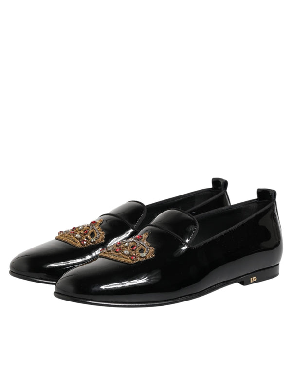 Schwarze Leder-Loafer mit goldener Krone für Herren