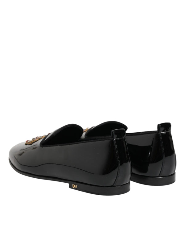 Schwarze Leder-Loafer mit goldener Krone für Herren