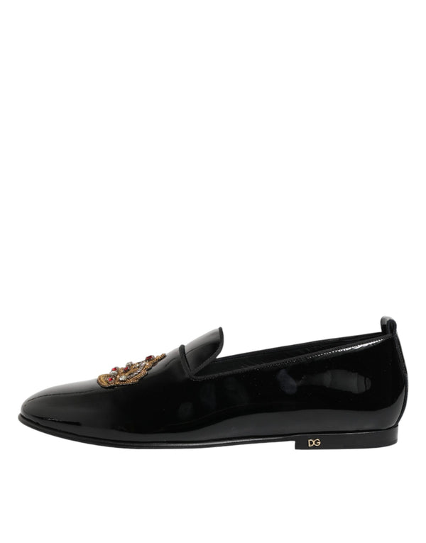 Schwarze Leder-Loafer mit goldener Krone für Herren