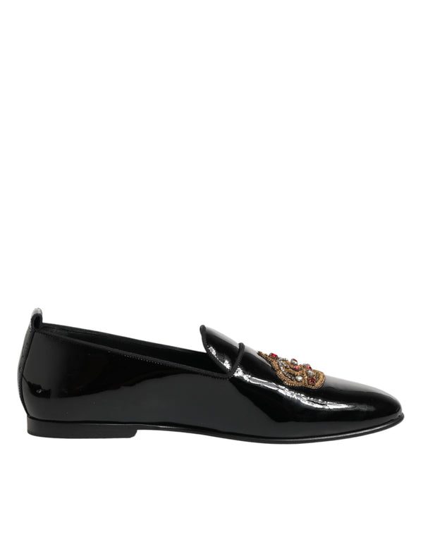 Schwarze Leder-Loafer mit goldener Krone für Herren