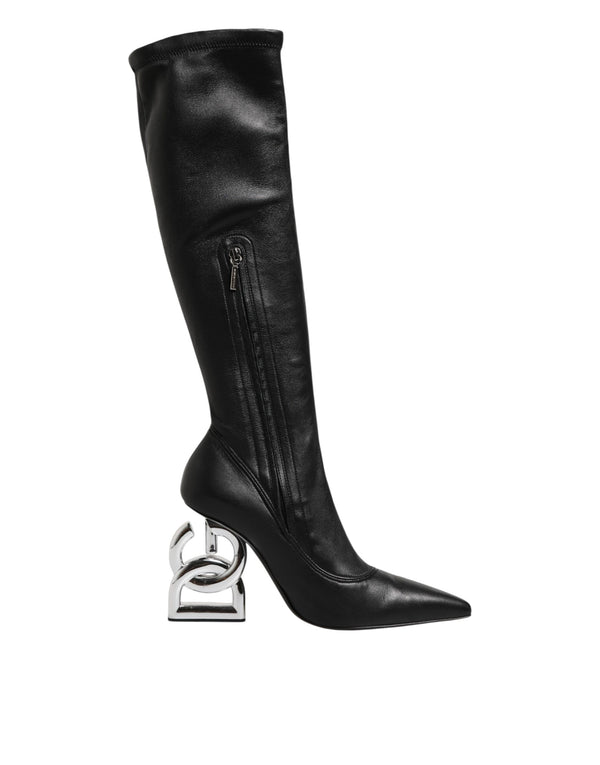 Schwarze Lederstiefel mit DG-Logo bis zum Knie