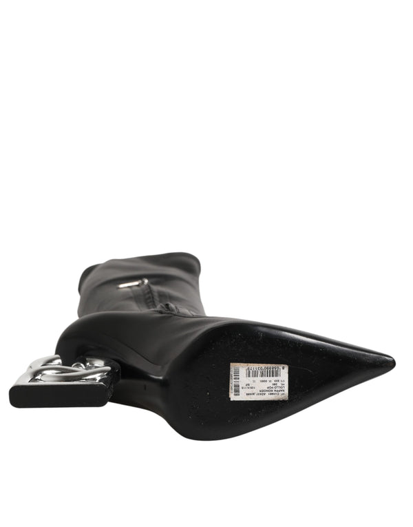 Schwarze Lederstiefel mit DG-Logo bis zum Knie