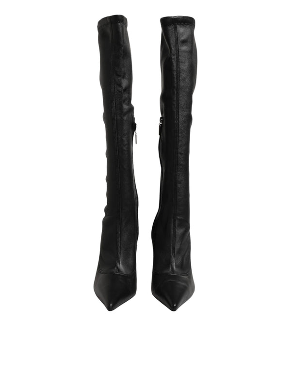 Schwarze Lederstiefel mit DG-Logo bis zum Knie