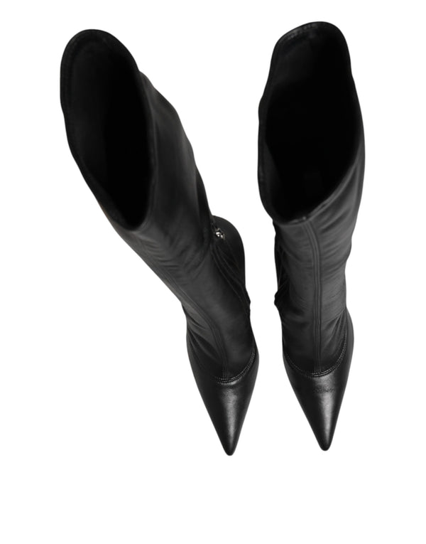 Schwarze Lederstiefel mit DG-Logo bis zum Knie