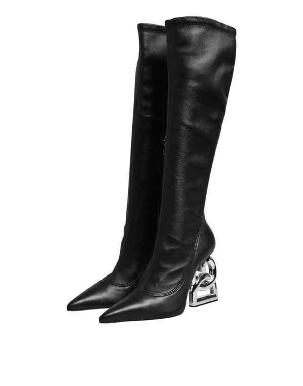 Schwarze Lederstiefel mit DG-Logo bis zum Knie