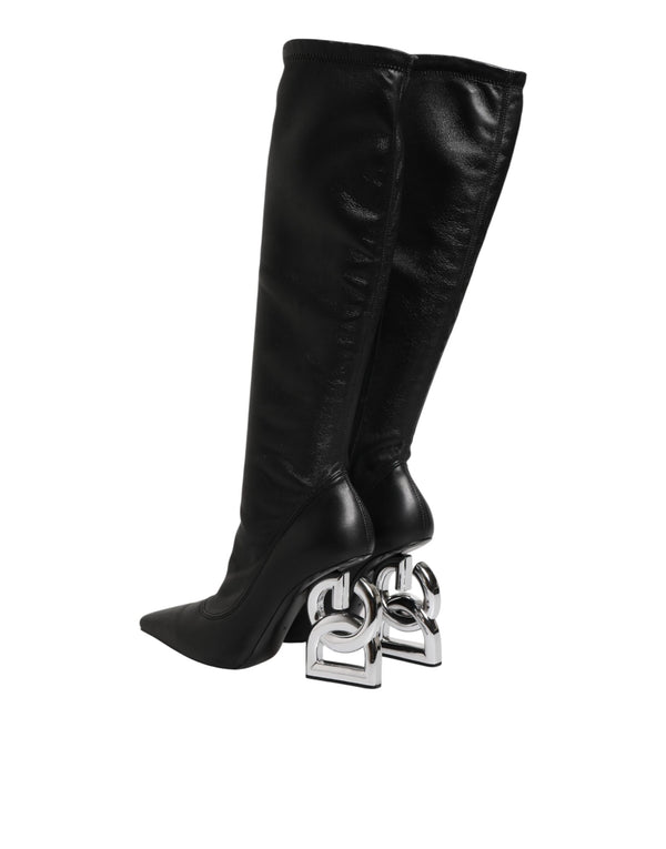 Schwarze Lederstiefel mit DG-Logo bis zum Knie