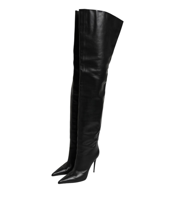 Schwarze Leder-Stilettos als Kniehohe Stiefel