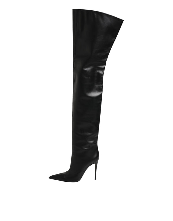 Schwarze Leder-Stilettos als Kniehohe Stiefel