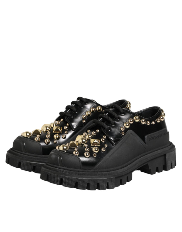 Schwarze Leder-Derby-Schuhe mit Kristall-Verzierung