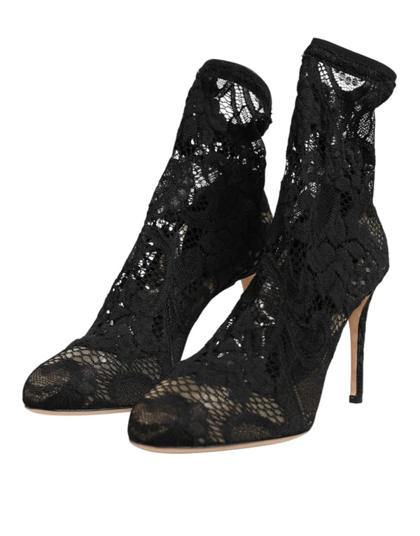 Schwarze Stretch-Socken-Stiefel mit Taormina-Spitze