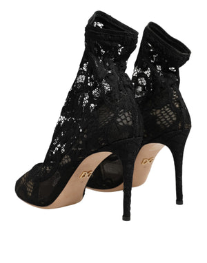 Schwarze Stretch-Socken-Stiefel mit Taormina-Spitze