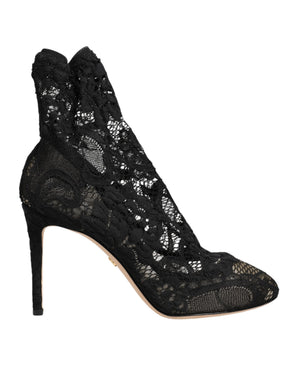 Schwarze Stretch-Socken-Stiefel mit Taormina-Spitze