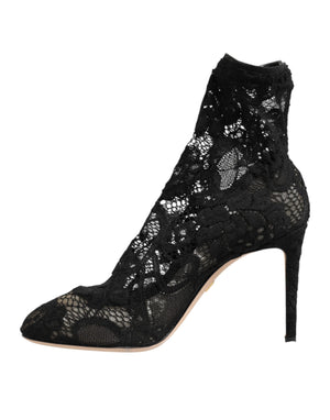 Schwarze Stretch-Socken-Stiefel mit Taormina-Spitze