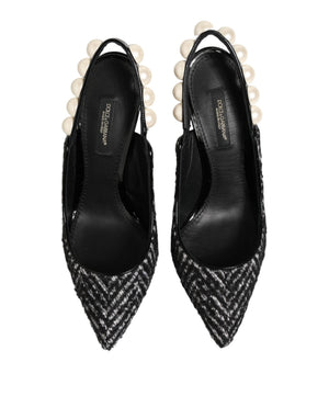 Weiße Slingback-Schuhe mit Schwarz-Weiß-Chevron-Muster und Kunstperlen