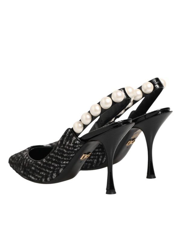 Weiße Slingback-Schuhe mit Schwarz-Weiß-Chevron-Muster und Kunstperlen