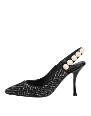 Weiße Slingback-Schuhe mit Schwarz-Weiß-Chevron-Muster und Kunstperlen