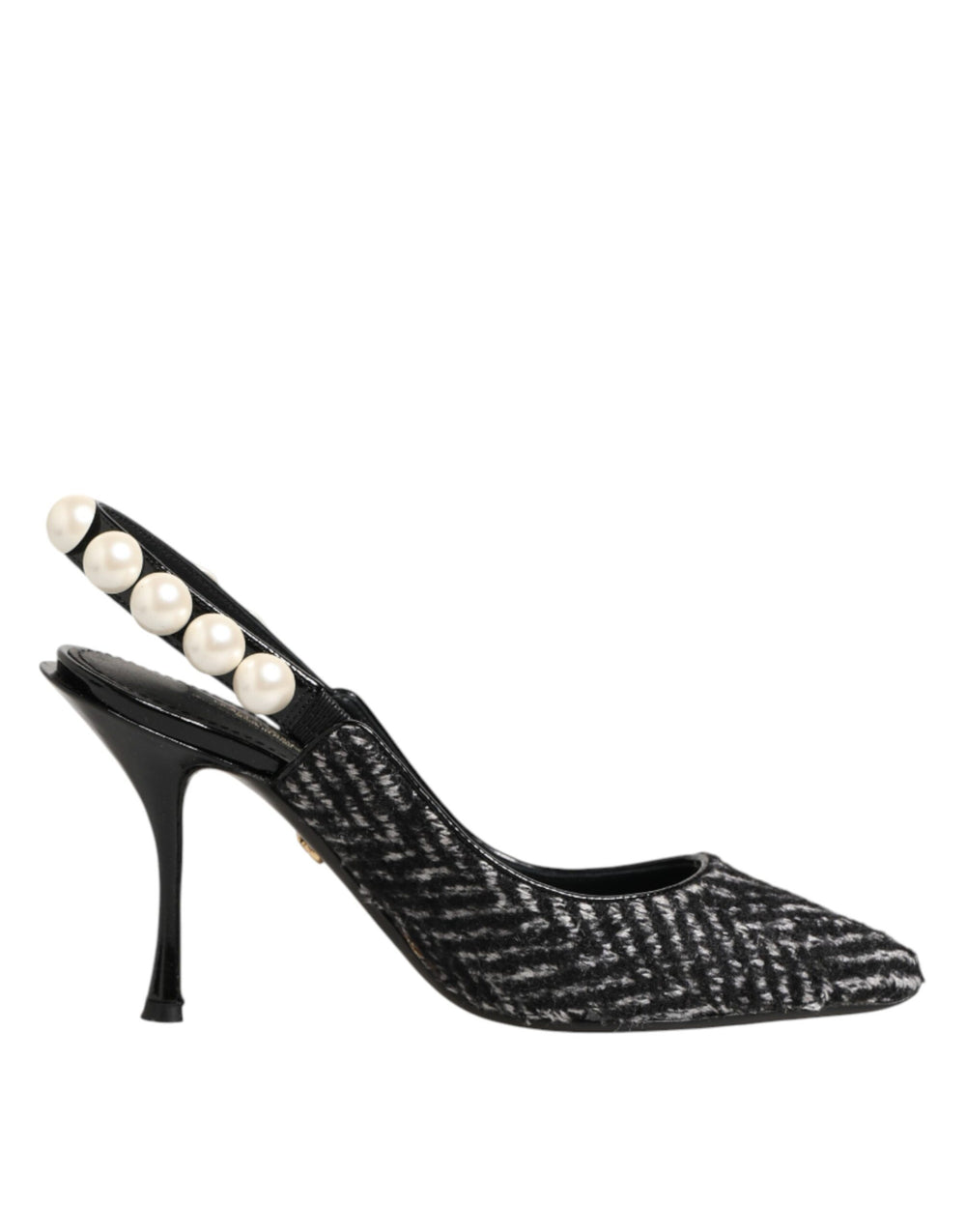 Weiße Slingback-Schuhe mit Schwarz-Weiß-Chevron-Muster und Kunstperlen