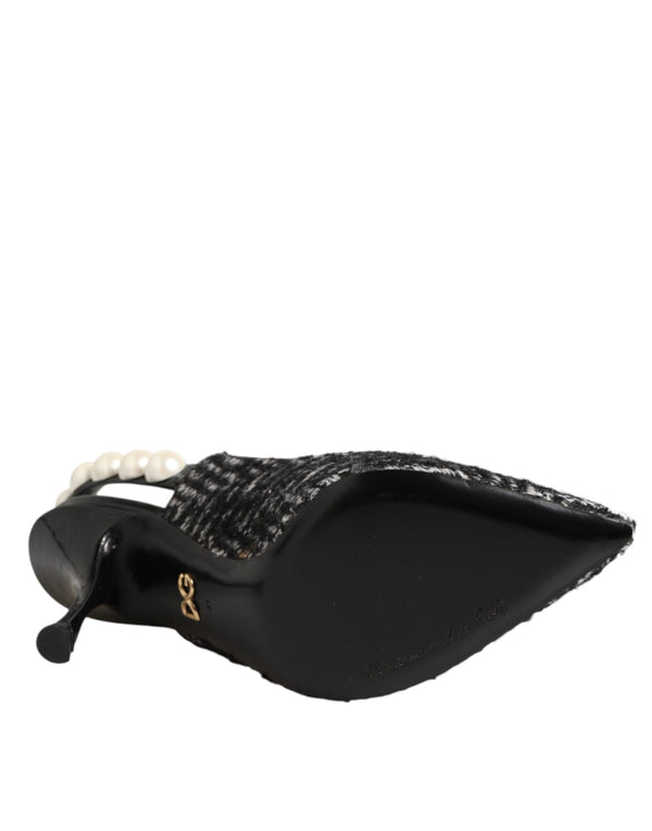 Weiße Slingback-Schuhe mit Schwarz-Weiß-Chevron-Muster und Kunstperlen