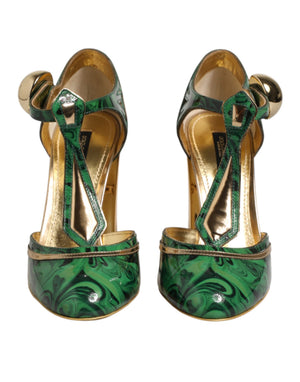 Grüne Leder-T-Riemen-Sandalen mit Absatz