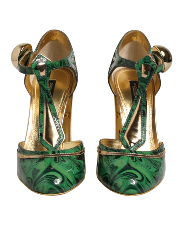 Grüne Leder-T-Riemen-Sandalen mit Absatz