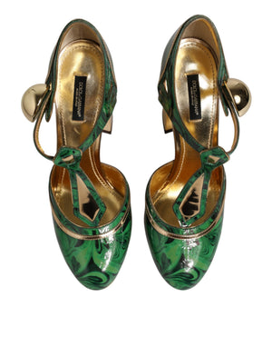 Grüne Leder-T-Riemen-Sandalen mit Absatz