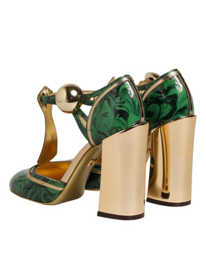 Grüne Leder-T-Riemen-Sandalen mit Absatz
