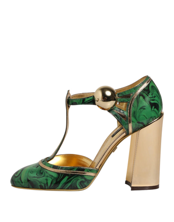 Grüne Leder-T-Riemen-Sandalen mit Absatz