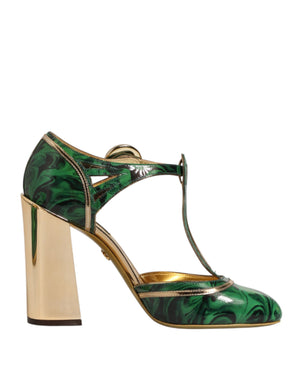Grüne Leder-T-Riemen-Sandalen mit Absatz